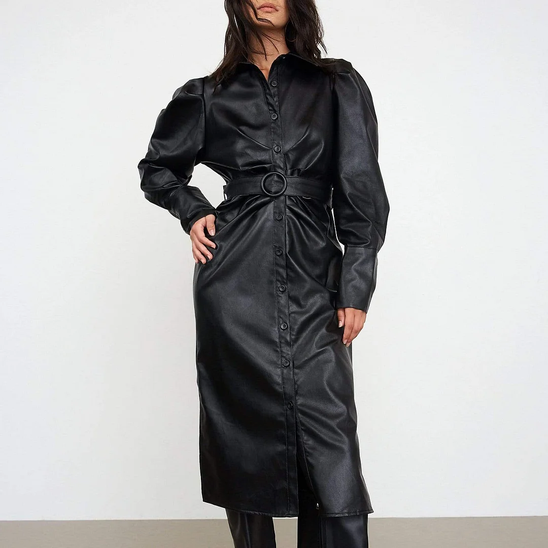 Asma Black Leather Midi Dress