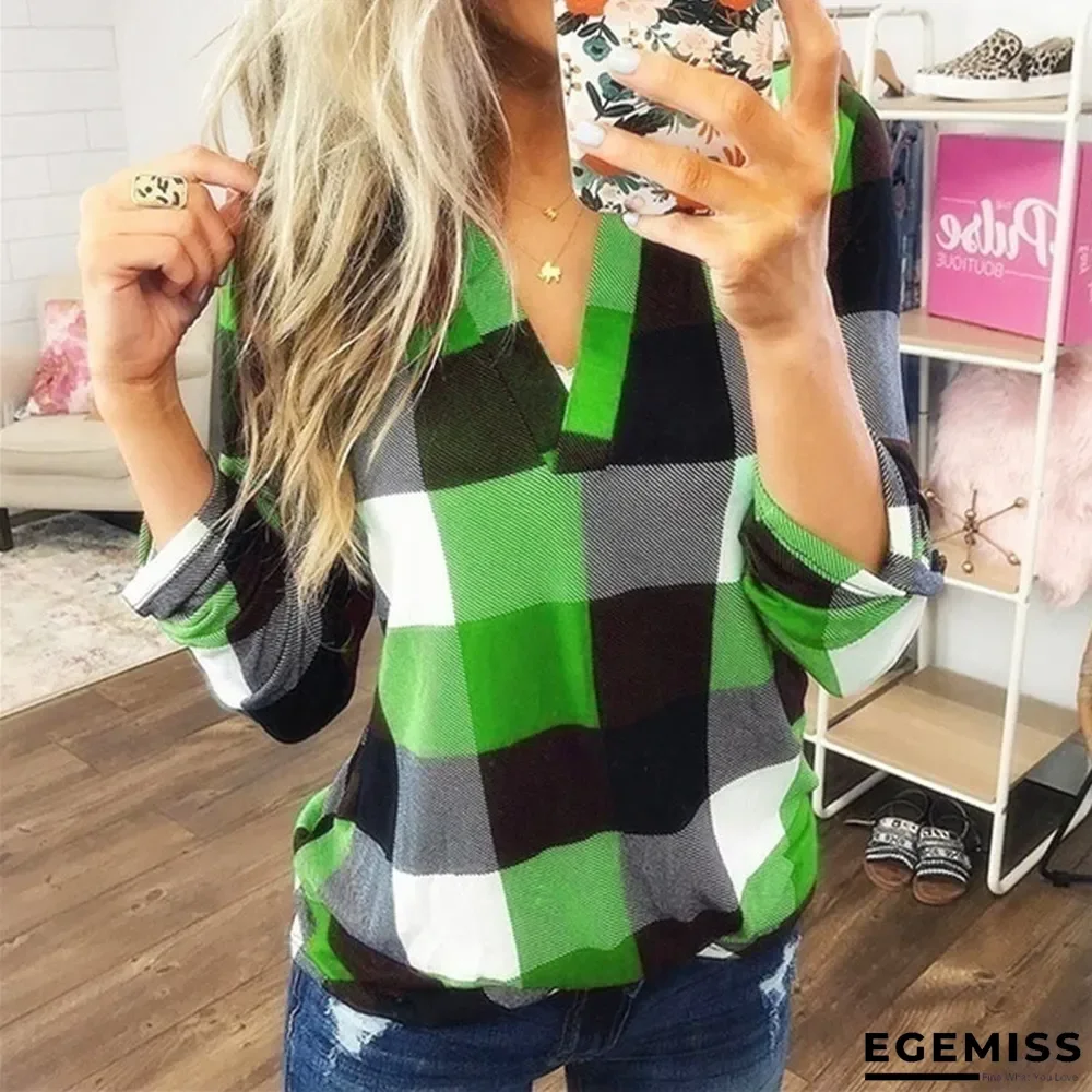 Best Selling Spring and Autumn Shirt Plaid Printed V-Neck Long Sleeve T-shirt | EGEMISS