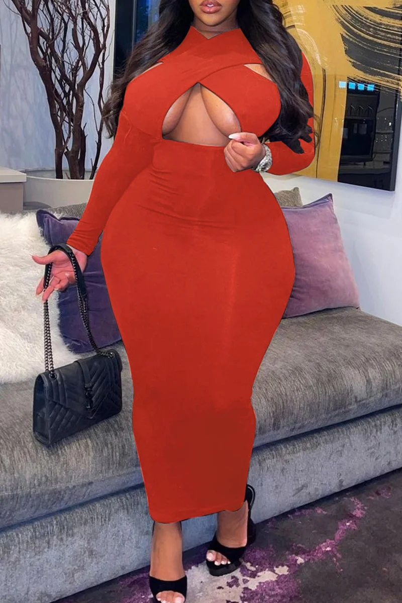Red Fashion Sexy Solid Hollowed Out V Neck Long Sleeve Plus Size Dresses | EGEMISS