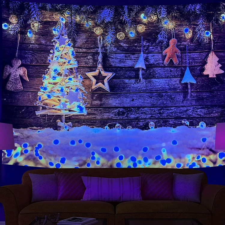 Christmas Tree and Gingerbread man - Black Light Tapestry