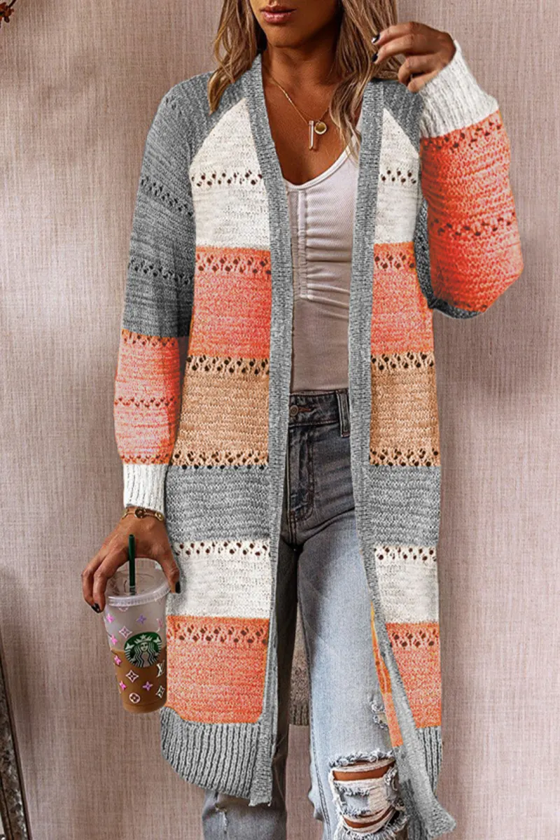 Casual patchwork outerwear with hollow out cardigan collar
