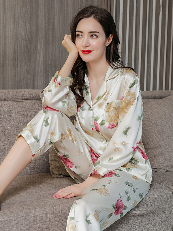 19 Momme Spring Floral Gentle Loose Silk Pajamas Set-Real Silk Life