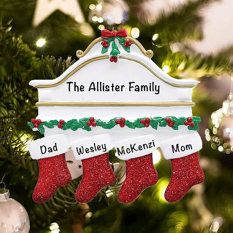 Personalized Red Stockings Ornament Custom 4 Names Gifts for Family