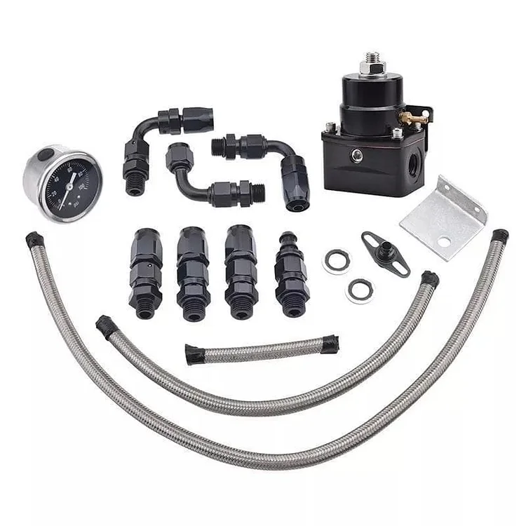 Universal Adjustable Fuel Pressure Regulator Valve Kit 100psi Gauge AN6 Hose Fitting Braided Oil Lines