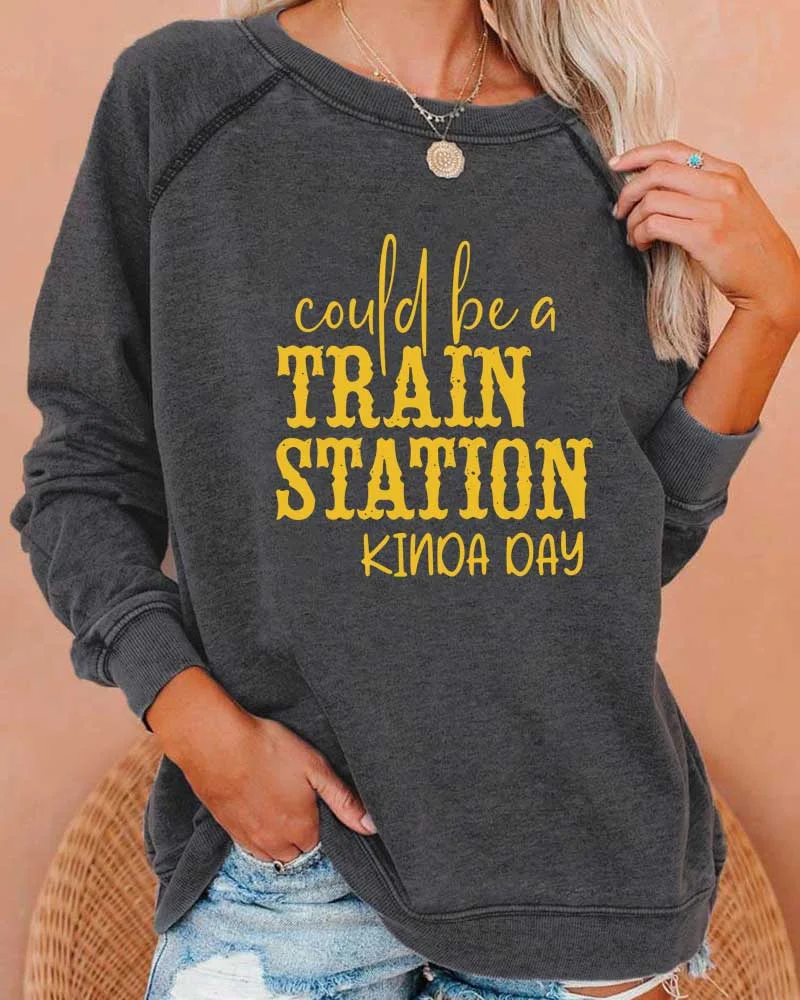 Could be a Train Station Kinda Day Deep Gray Printed Sweatshirt