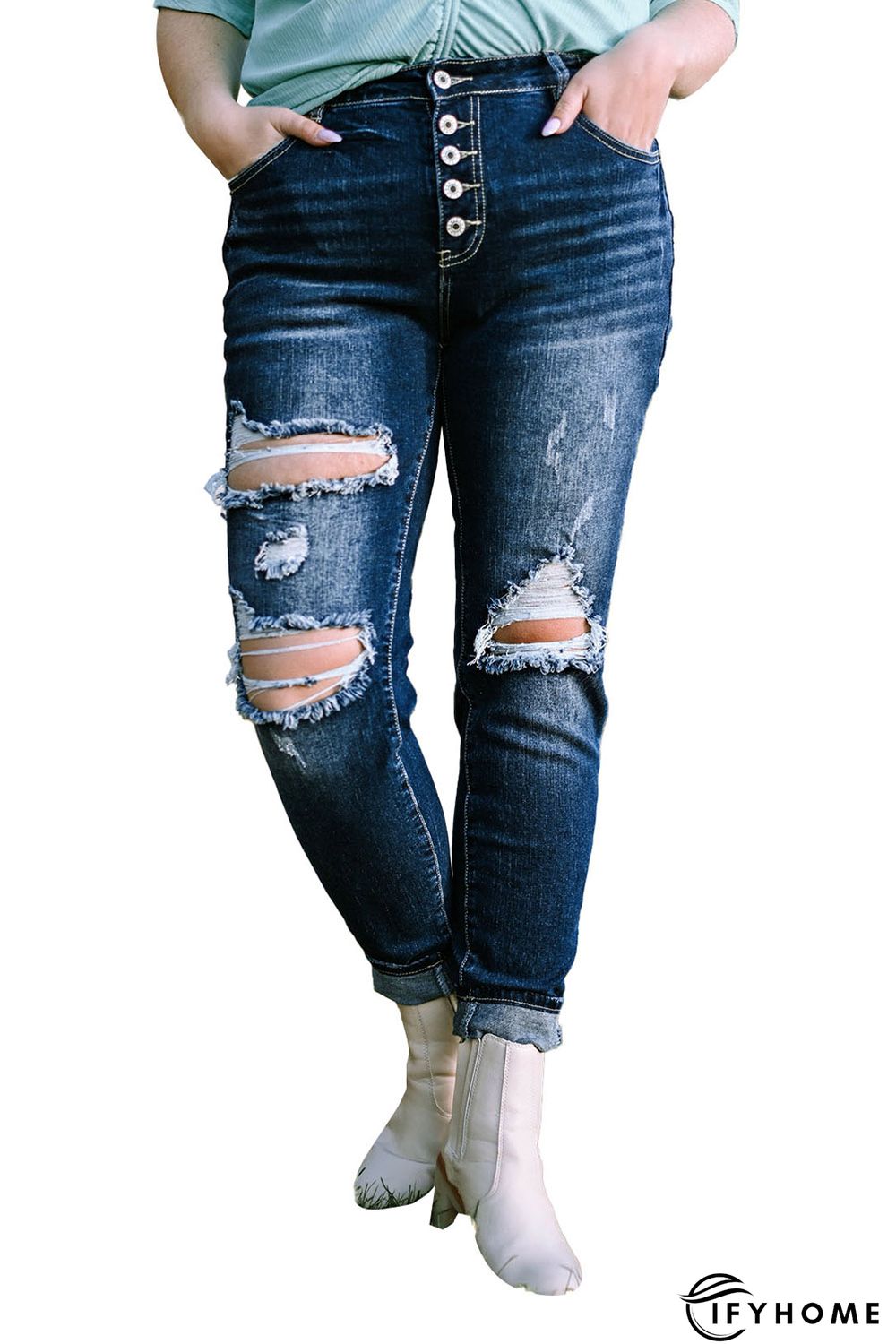 Blue Medium Wash Button Fly Distressed Plus Size Jeans | IFYHOME