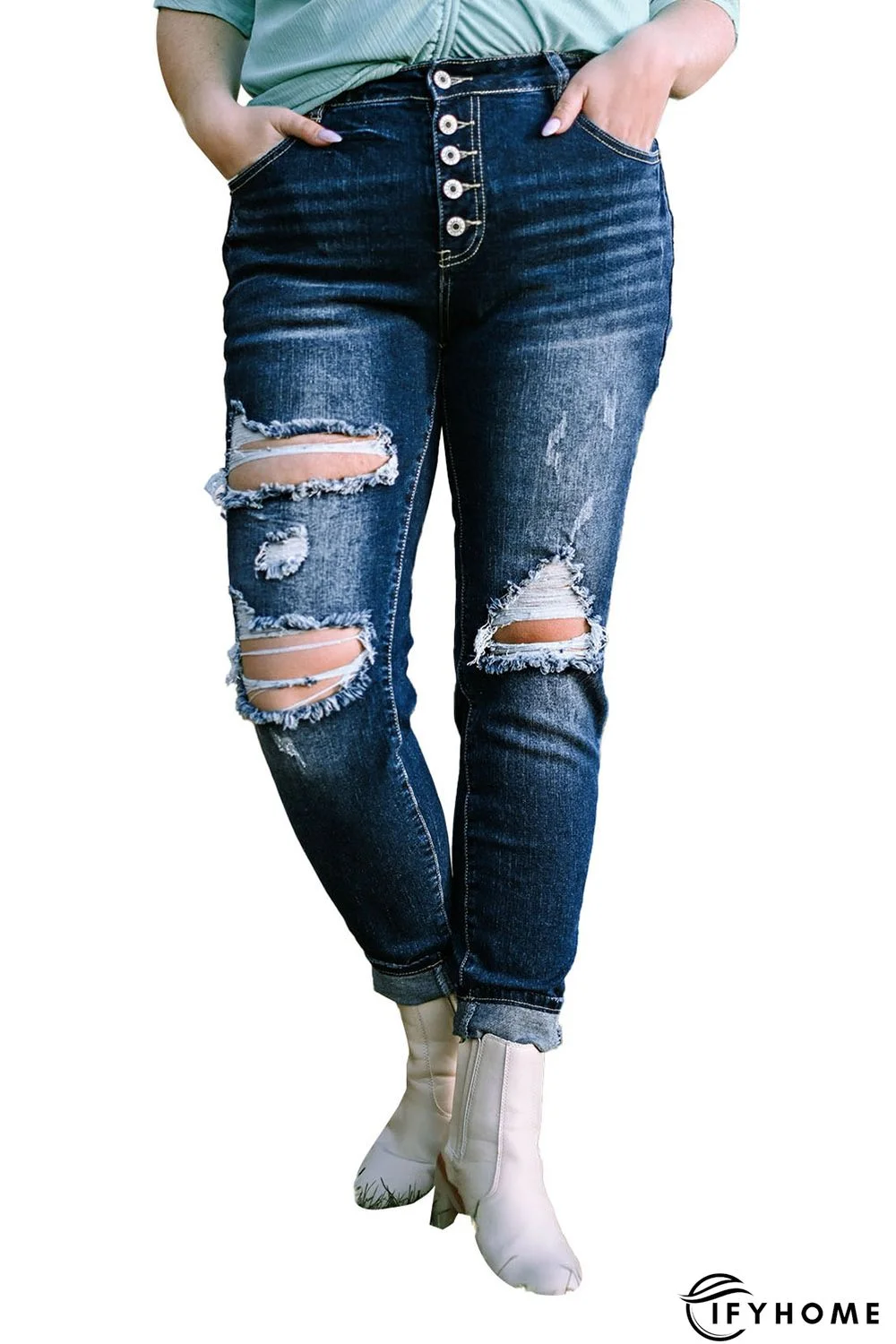 Blue Medium Wash Button Fly Distressed Plus Size Jeans | IFYHOME
