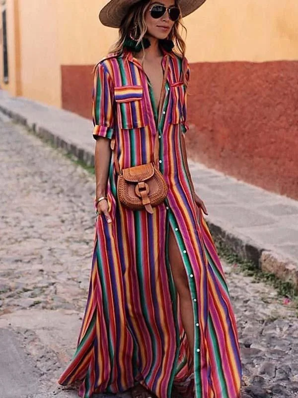 Vorioal Bohemian Multicolor Striped Dress