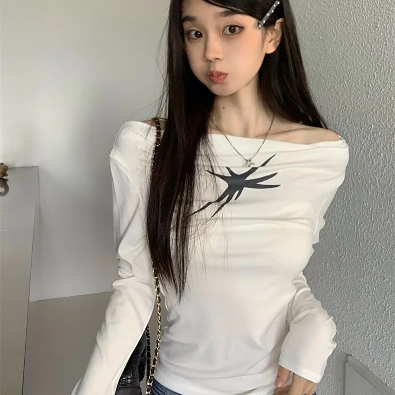 Athvotar Athvotar Word Shoulder Gray Print Long-Sleeved T-Shirt Women's Autumn Pure Hot Girl Chicly Bare Shoulder Bottom Shirt