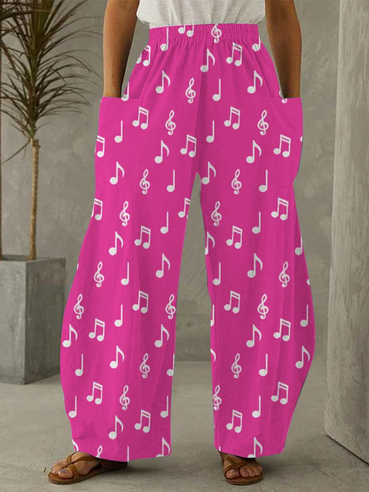 Music Notes Graphic Patch Pocket Wide Leg Pants