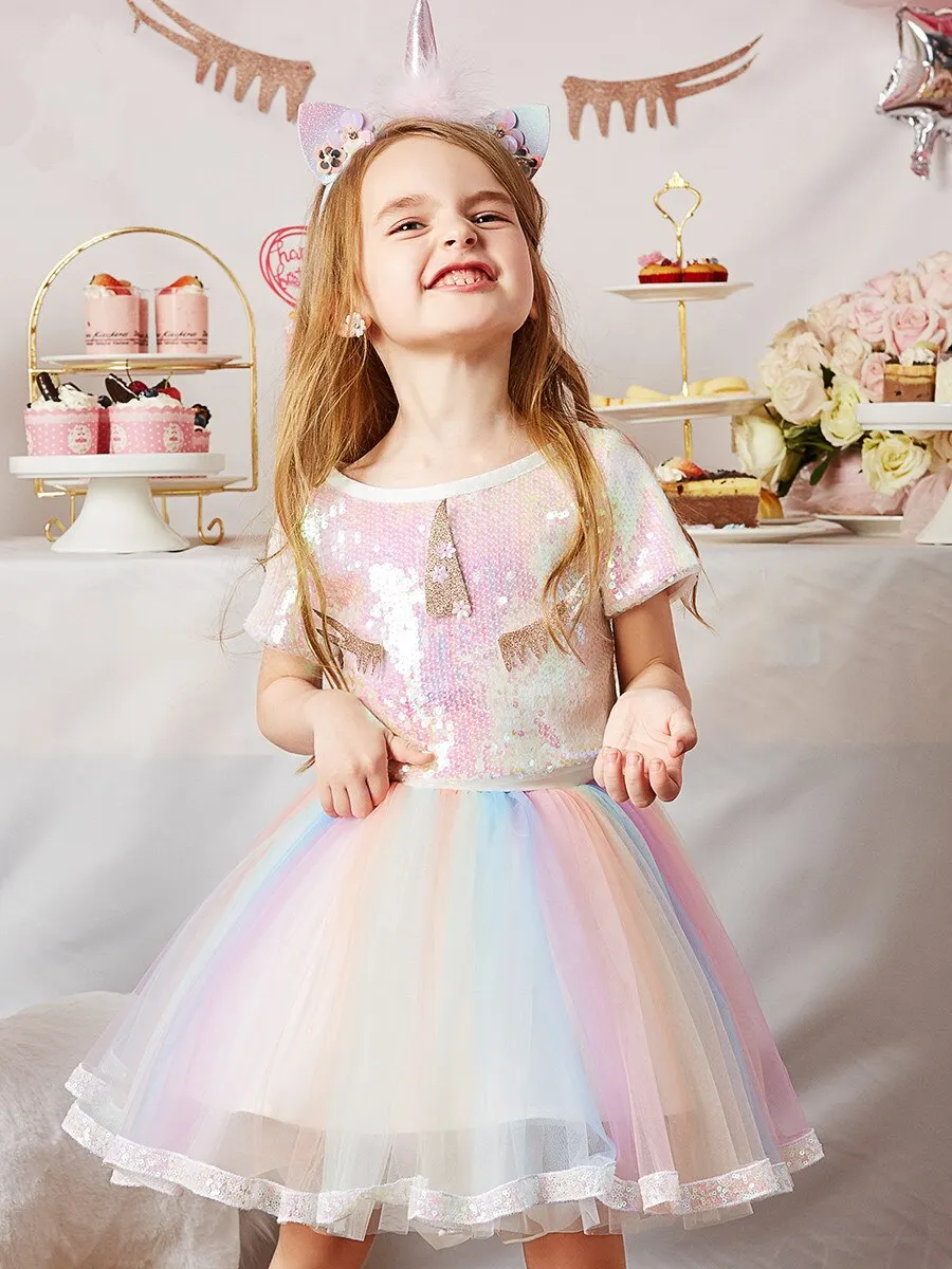 Lace Princess Dress For Girls Summer Short Sleeve Ruffle Dresses Up Kids Children Star Sequin Tulle Layers Wedding Party Costume