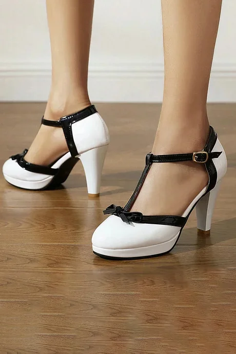 1950s Vintage Round Toe T-Strap Bowknot Colorblock Shoes