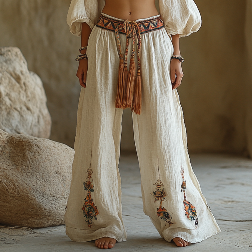 Bohemian Linen Print Ethnic Holiday Casual Pants