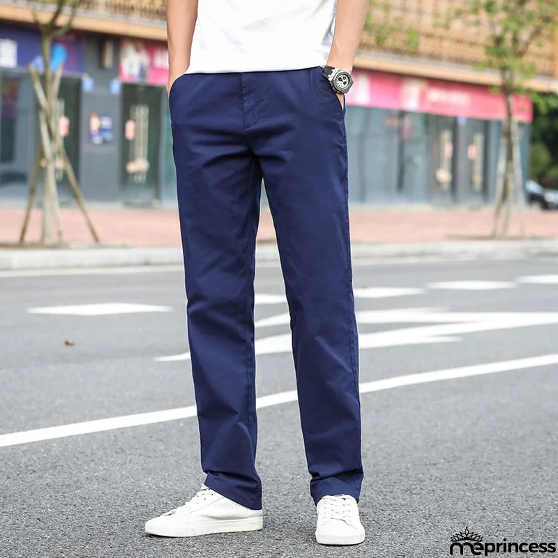 Men's Cotton Full Length Zipper Fly Closure Solid Casual Pants