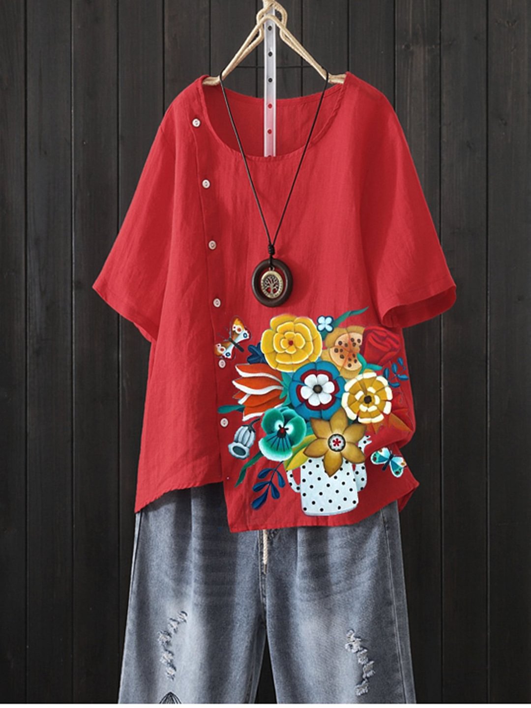Red Floral-Print Sweet Shirts & Tops - VSMEE