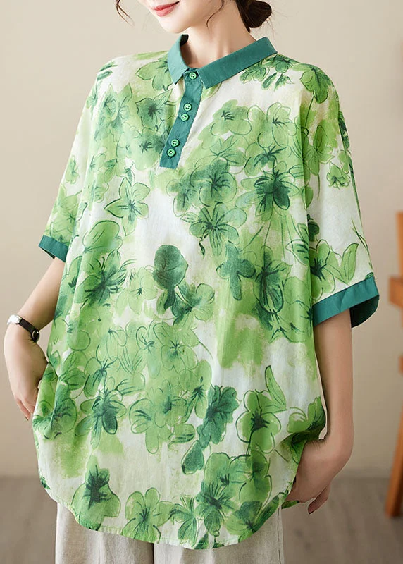 Green Print Patchwork Cotton Shirt Top Peter Pan Collar Summer