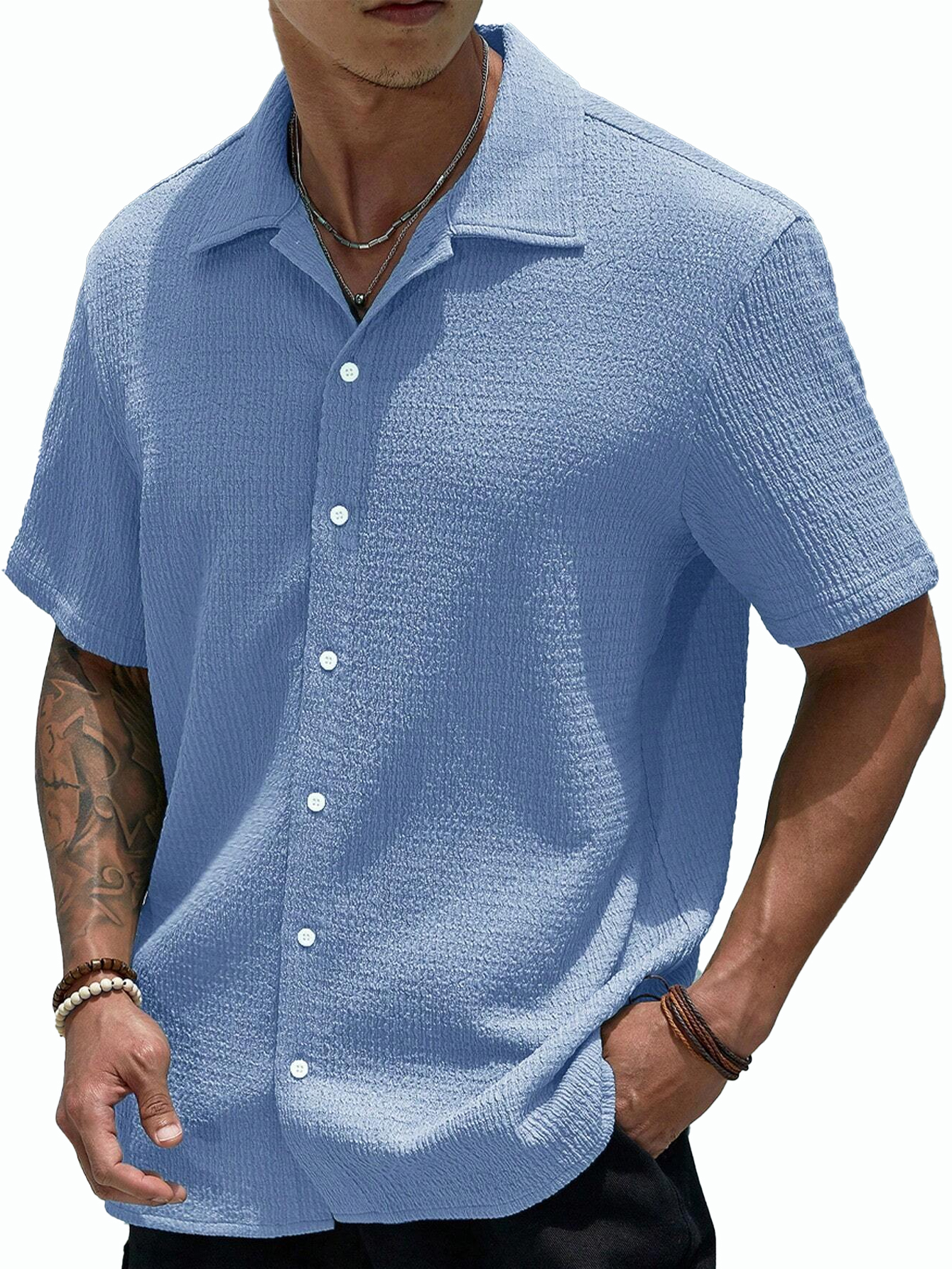 Men's Stylish Pleated Lapel Pocket Short Sleeve Shirt PLUSCLOTHESMAN