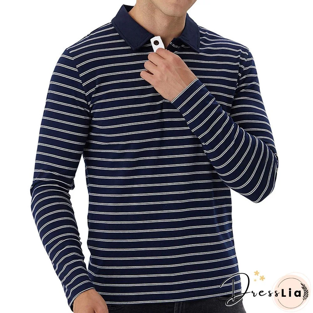 Mens Striped Long Sleeve Casual Polo Shirts