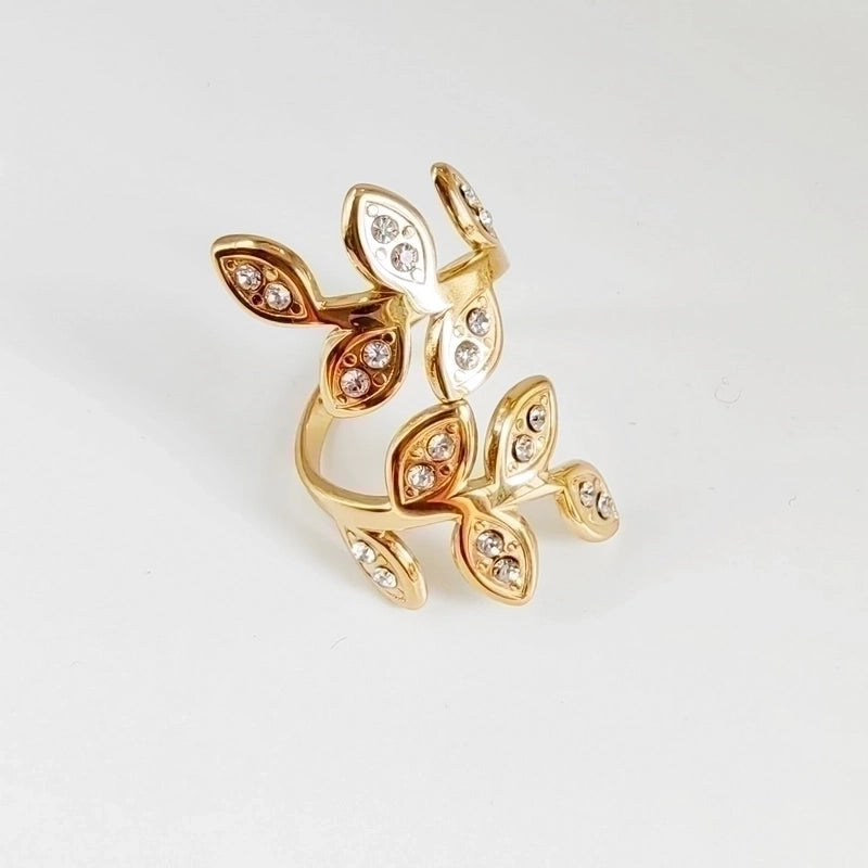 Minimalist Streetwear Leaves 304 Stainless Steel Titanium Steel Rhinestones 18K Gold Plated Inlay Open Rings