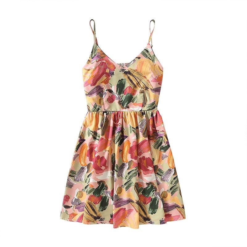 TRAF Women Chic Fashion Graffiti Print Pleated Mini Dress Vintage Sleeveless Backless Elastic Female Dresses Vestidos Mujer