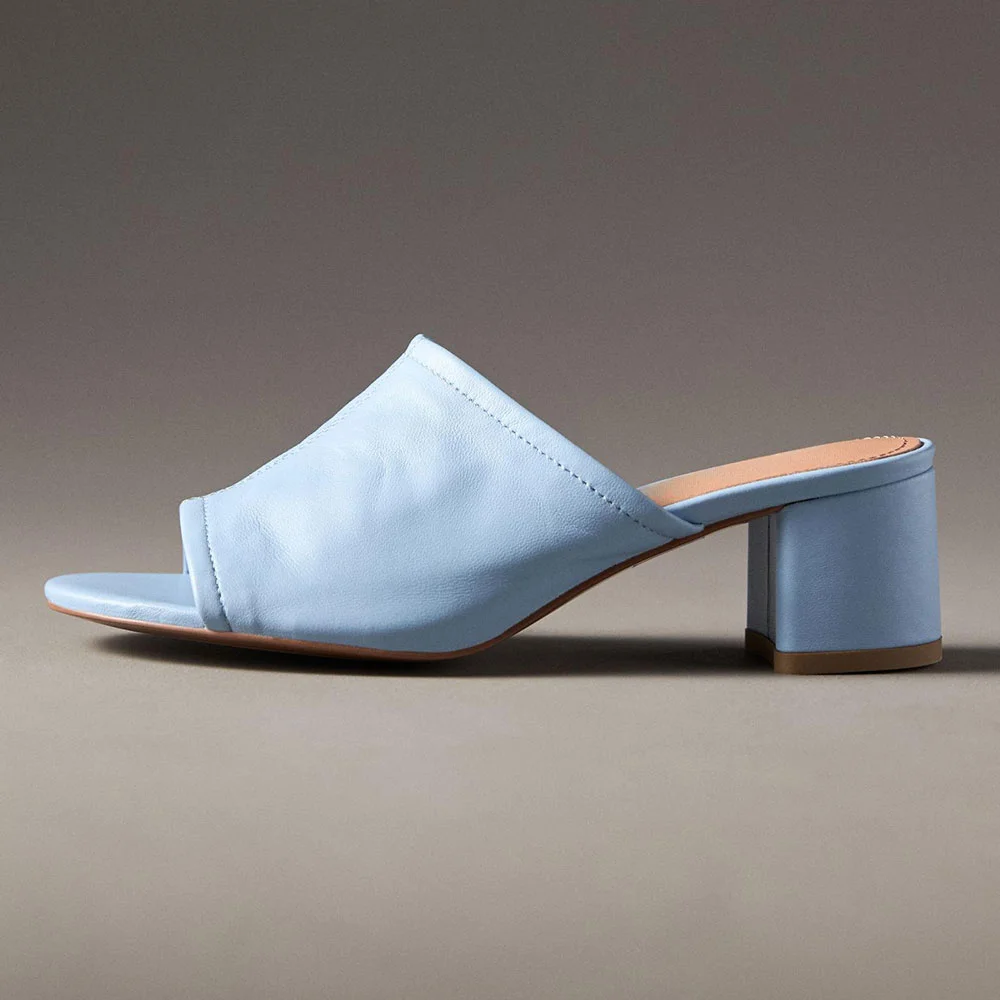 Sky Blue Open Round Toe Mules Sandals with Low Chunky Heel