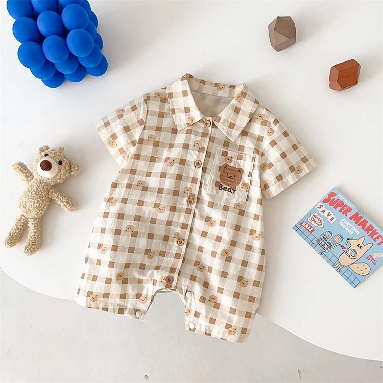 Baby Boy Bear Plaid Pocket Short Sleeve Polo Collar Botton Up Romper