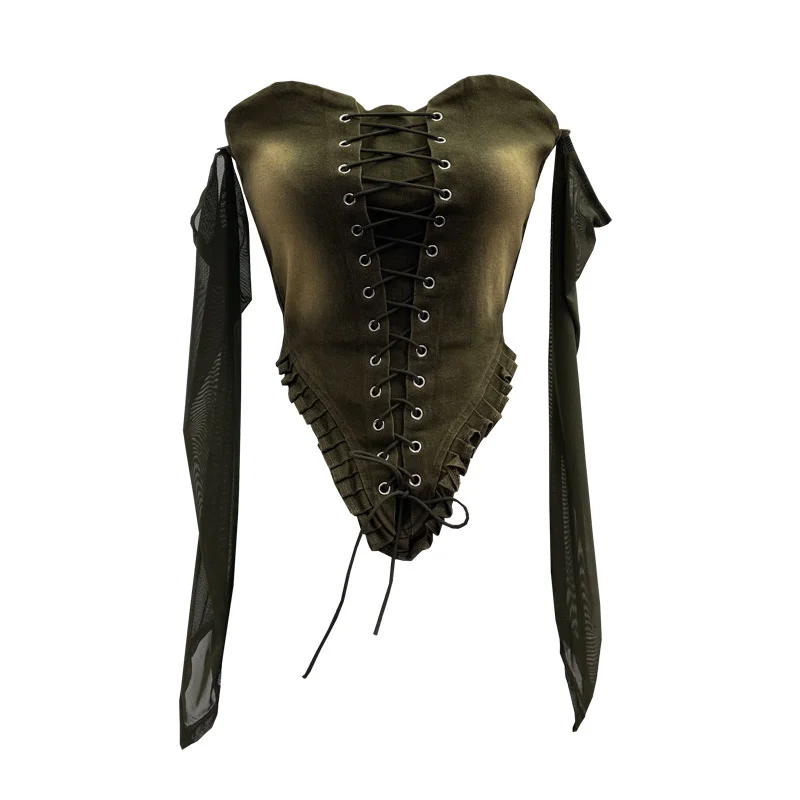 Nigikala Nigikala Sexy Tset Blouse Irregular Cowboy Splicing Mesh Yarn Tie With Short T-Shirt 6105