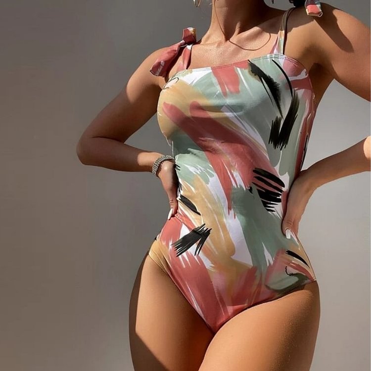 Bowknot Tie-shoulder Printed One Piece Swimsuit