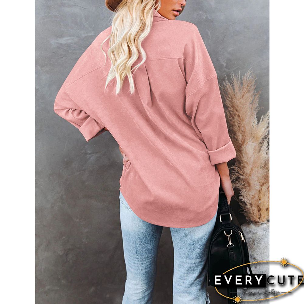 Pink Solid Corduroy Button Long Sleeve Shirt