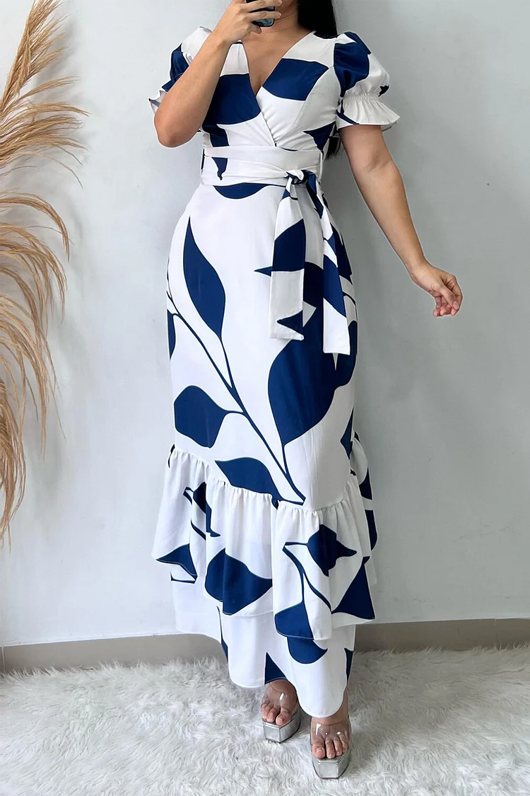 Plants Print V Neck Puff Sleeve Tiered Hem Tie Up A-Line Maxi Dresses-White
