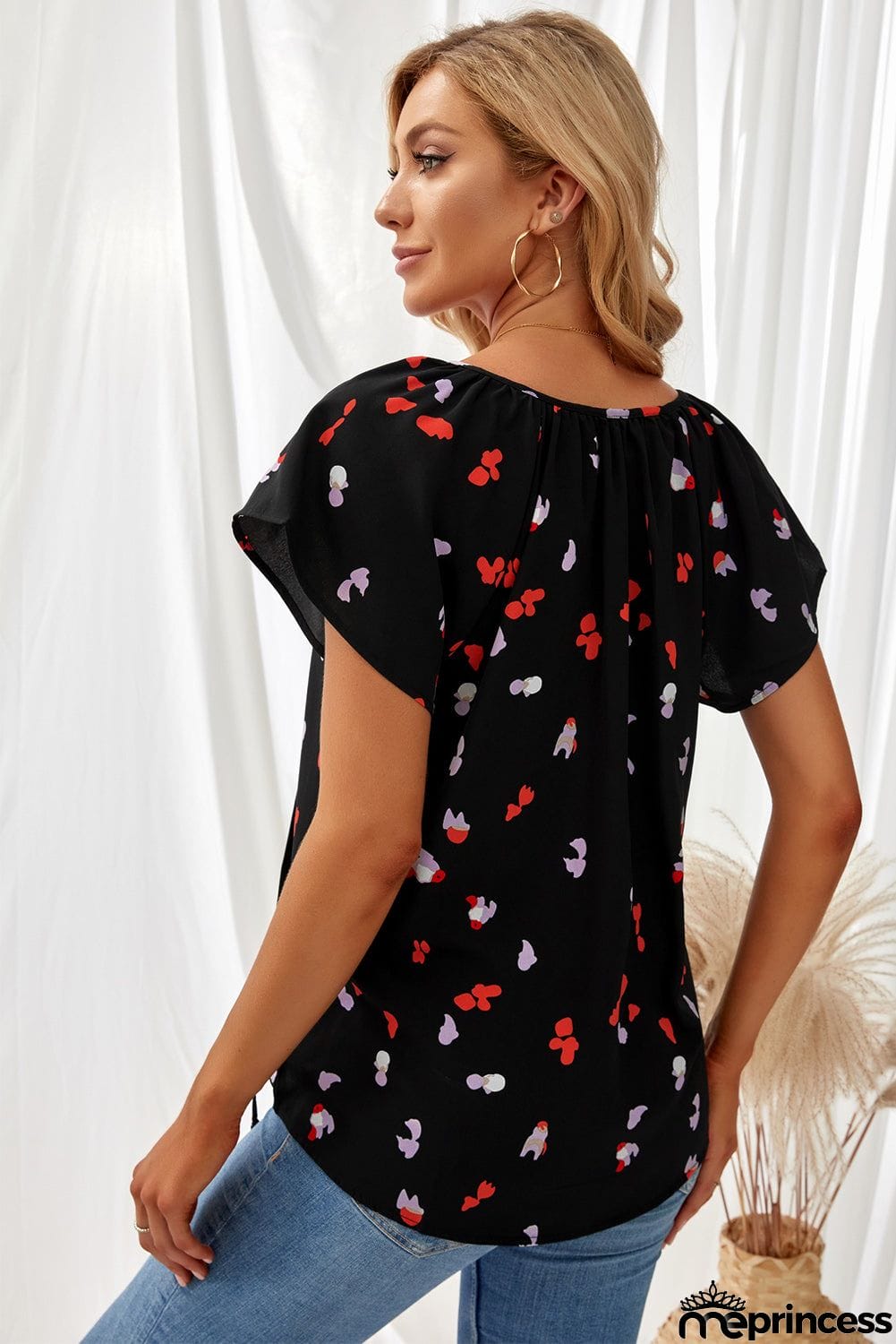 V-neck Short Sleeve Fashion Print Fantasy Fluttering Blouse