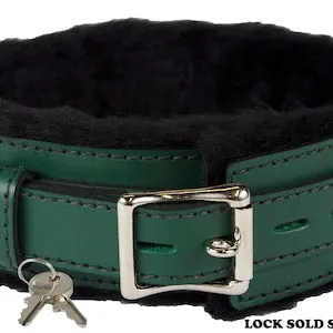 pornhint Pornhint 2" Wide Heavy Duty Green Leather Locking Collar with Faux Fur Lining, Kinky Gift Bondage BDSM Kink Gear