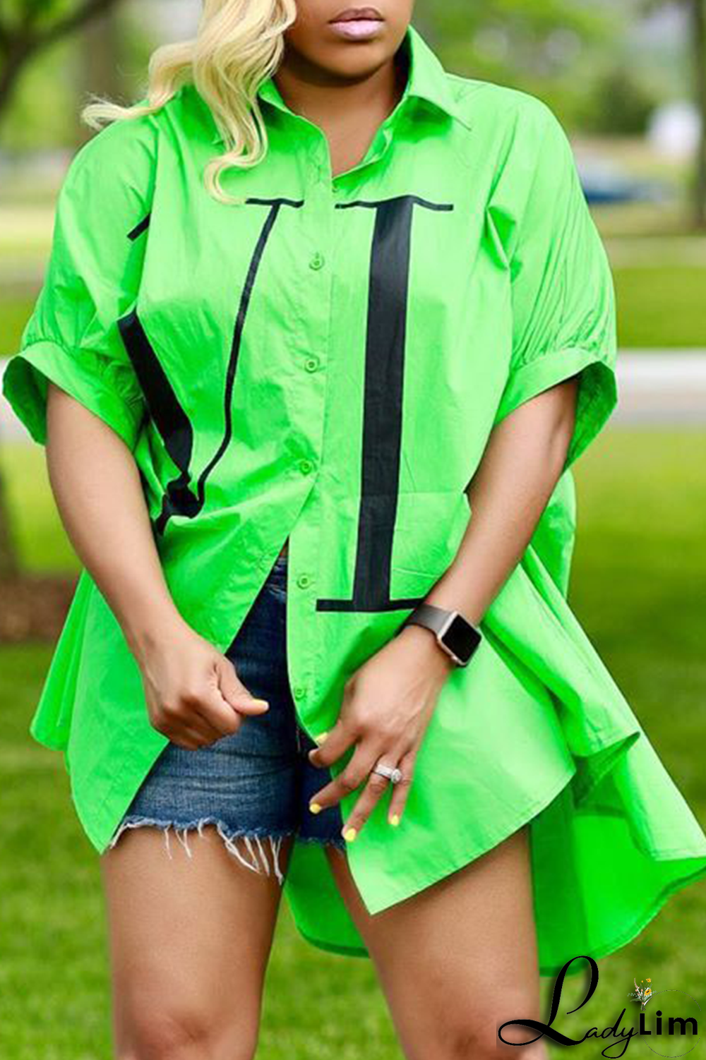 Green Fashion Print Patchwork Turndown Collar Tops