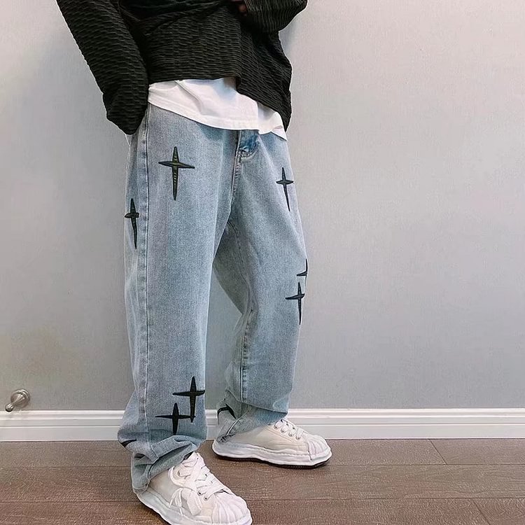 Cross Embroidery Retro Washed Men Baggy Jeans