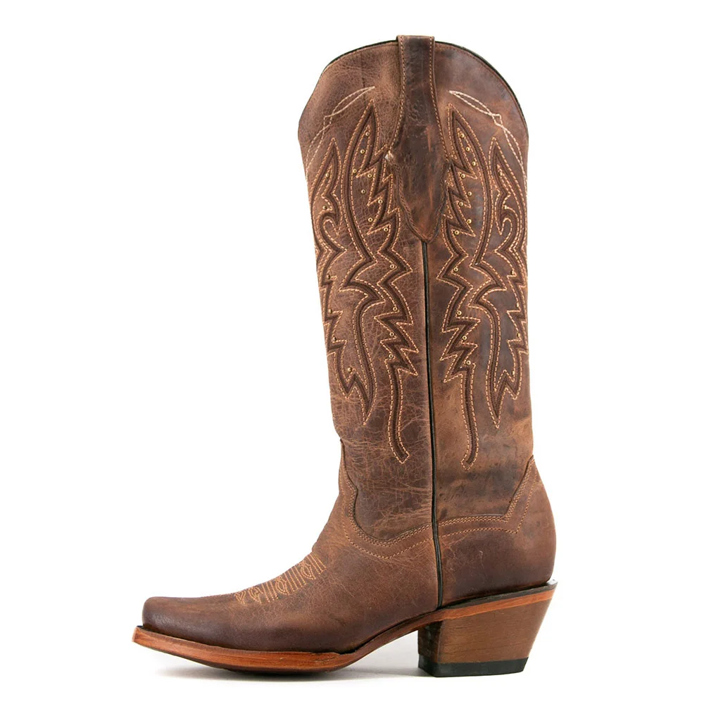 Snip Toe Embroidered Studded Chunky Heel Brown Western Boots for Women
