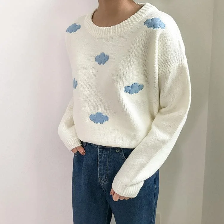 White/Pink/Blue Kawaii Clouds Printing Loose Sweater SP14234