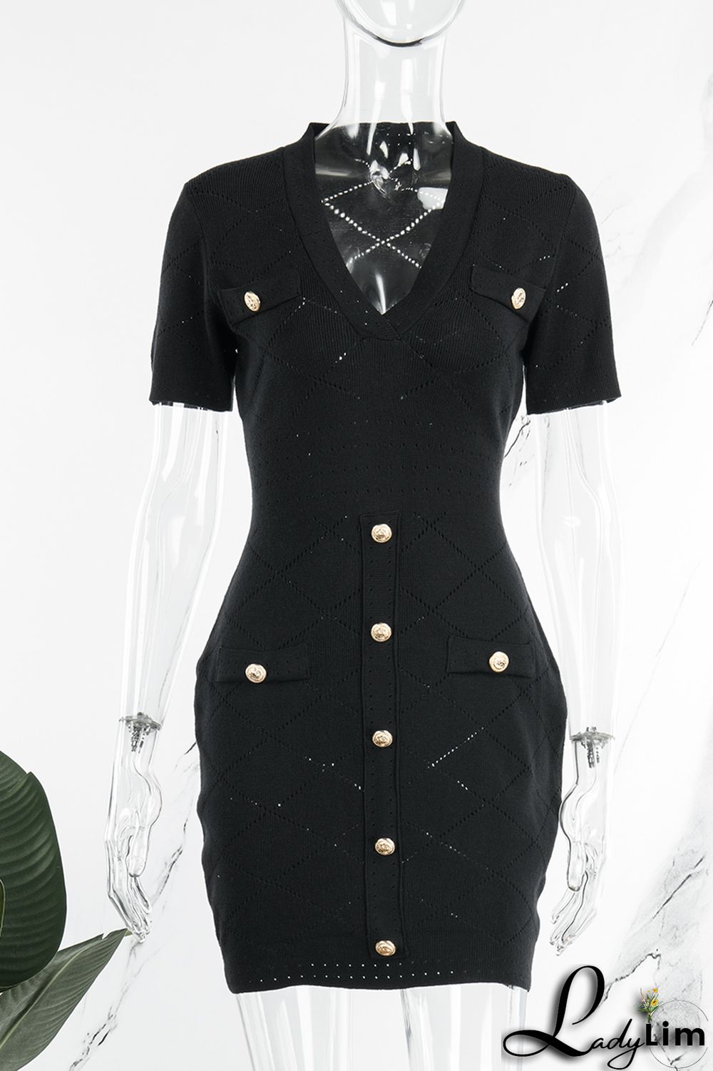 Black Casual Solid Patchwork V Neck Short Sleeve Dress