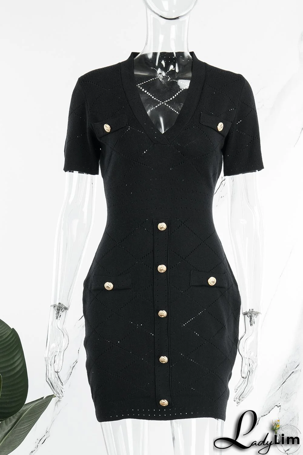 Black Casual Solid Patchwork V Neck Short Sleeve Dress