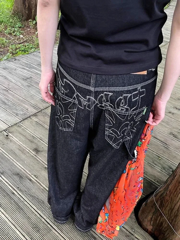 Embroidery Gothic High Waist Denim Pant