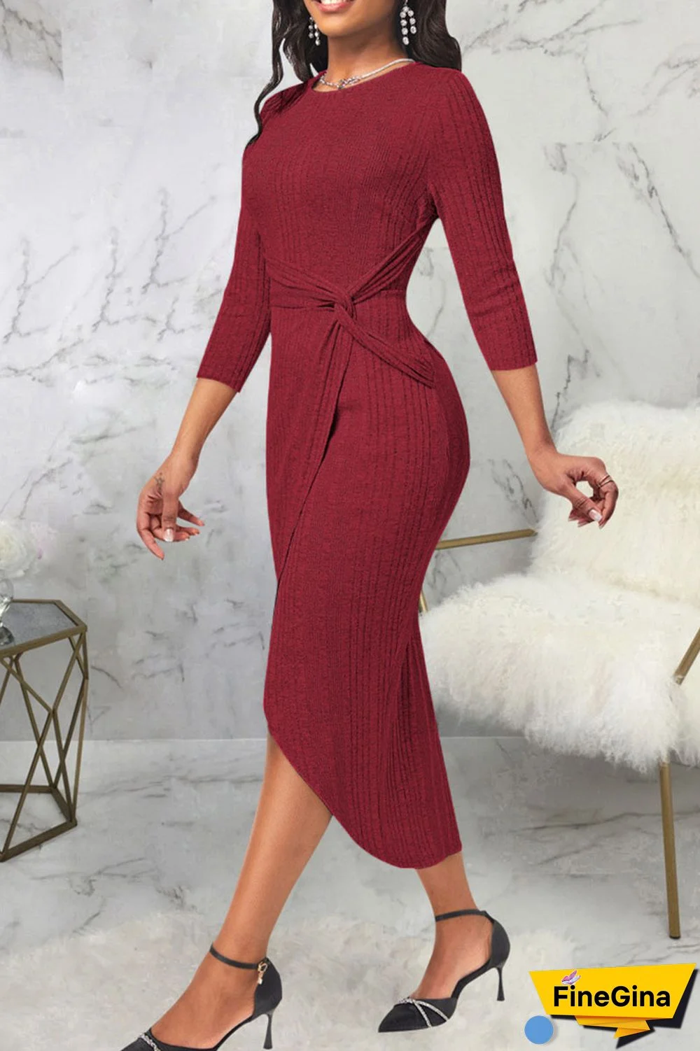 Grey Casual Solid Patchwork Asymmetrical O Neck Straight Dresses