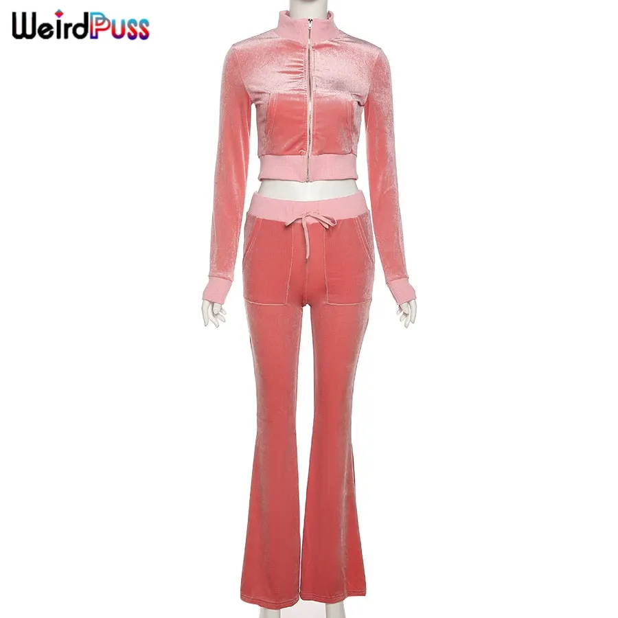Weird Puss Velvet Women Tracksuit Skinny 2 Piece Set Zip Sporty Sweatshirt+Straight Pants Casual Fit Matching Streetwear Outfits