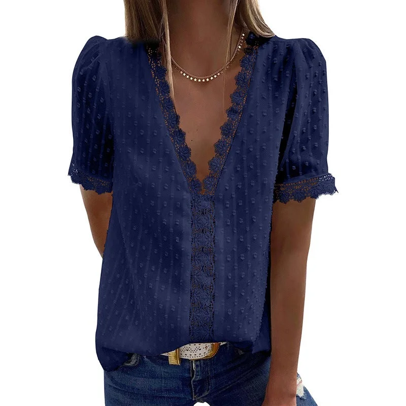 Women's Shirt Pure Color Jacquard V-neck Short Sleeves