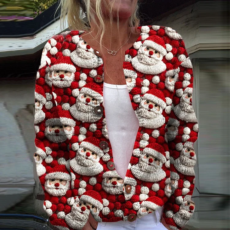 Santa Claus Print Casual Knitted Cardigan