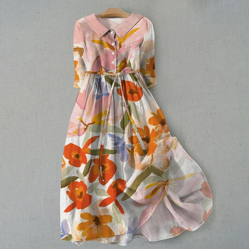 Floral Print Lapel Casual Midi Dress