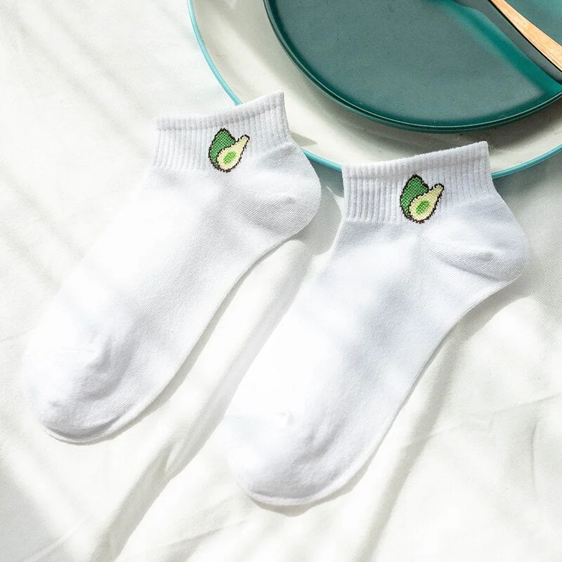 Women Solid Avocado Socks Casual Joker Cotton Short Socks Ladies Fruit Print Concise Korean College Style Breathable Sox Trendy