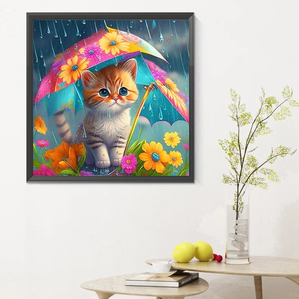 Diamond Painting - Full Round Drill - Umbrella Cat(Canvas|30*30cm)