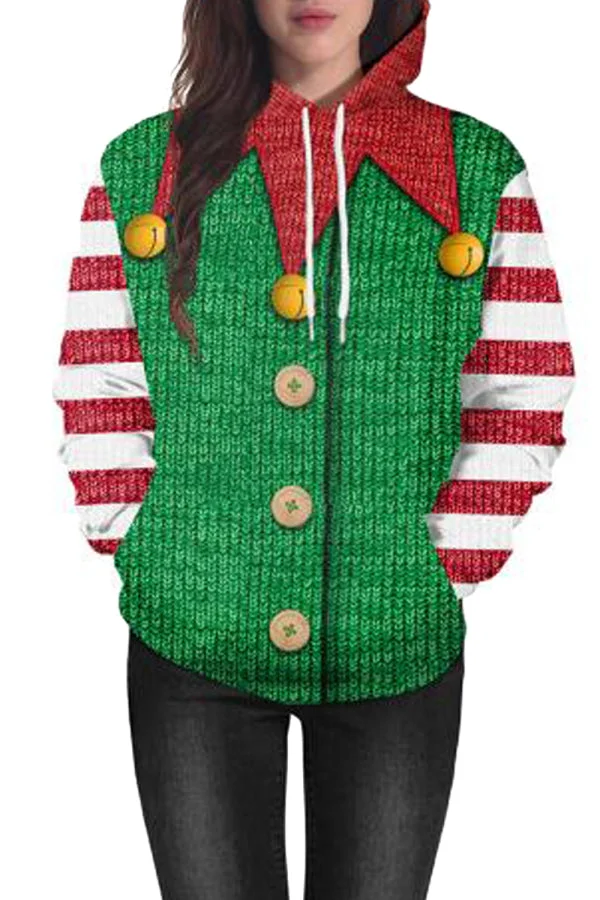 Kangaroo Pocket Elf Christmas Hoodie Green-elleschic