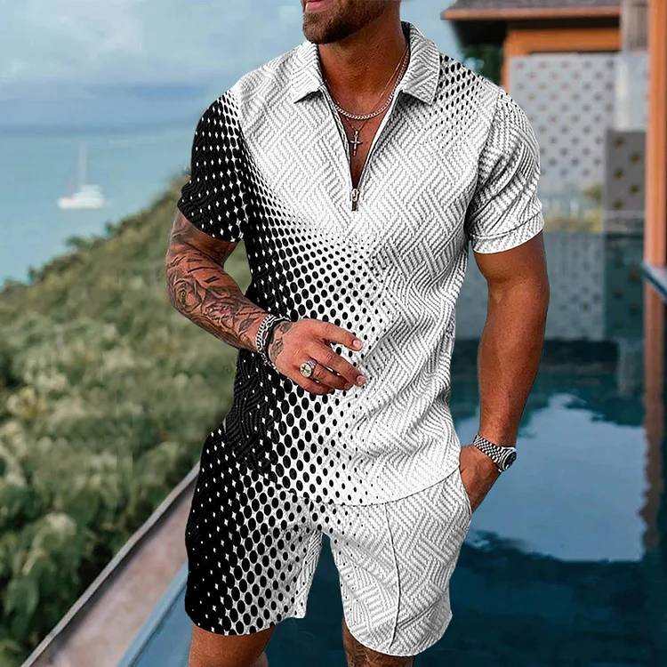 MEN'S HOLIDAY BLACK AND WHITE POLKA DOT PRINTED POLO SUIT