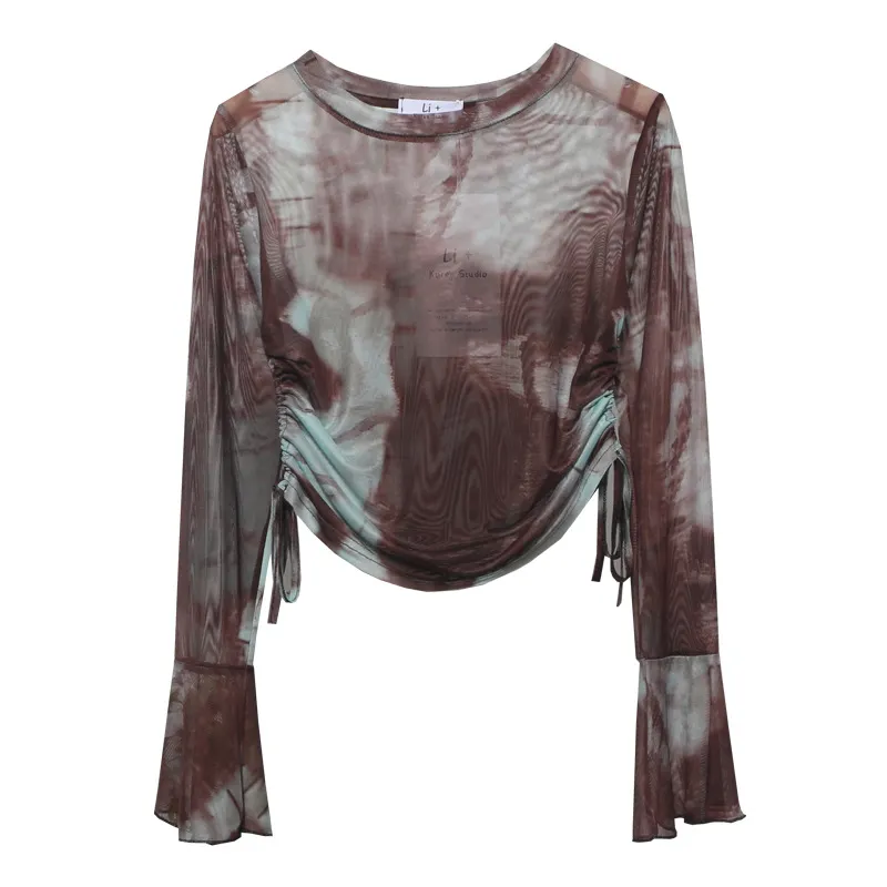 Churchf Sunscreen Not Sultry Hot Tie Dye Net Yarn Long-Sleeved T-Shirt Drawstring Tethered With Short-Sized T-Shirt Horn Sleeve Top 8929