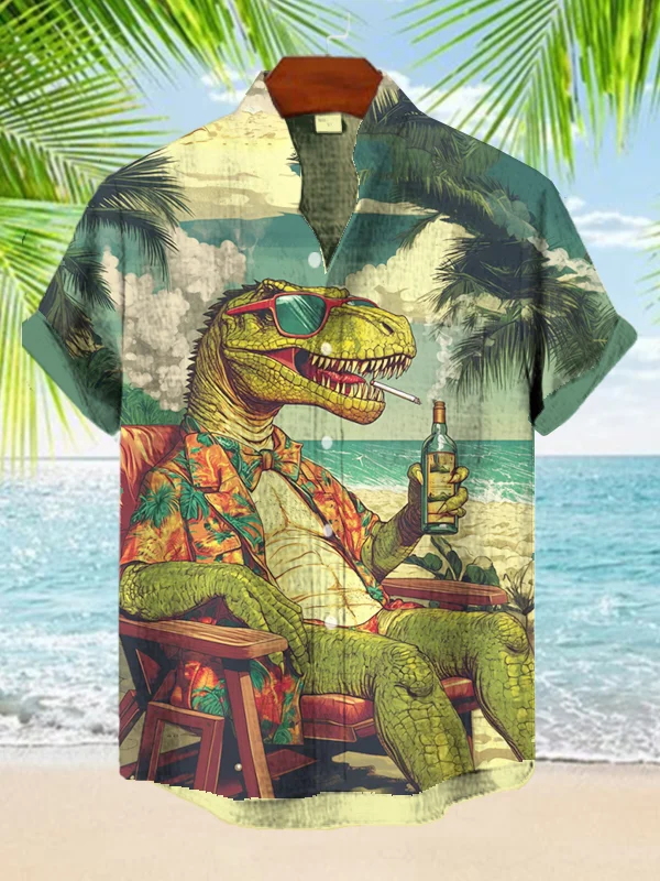 Men's Vacation Beach Dinosaur Print Short Sleeve Shirt